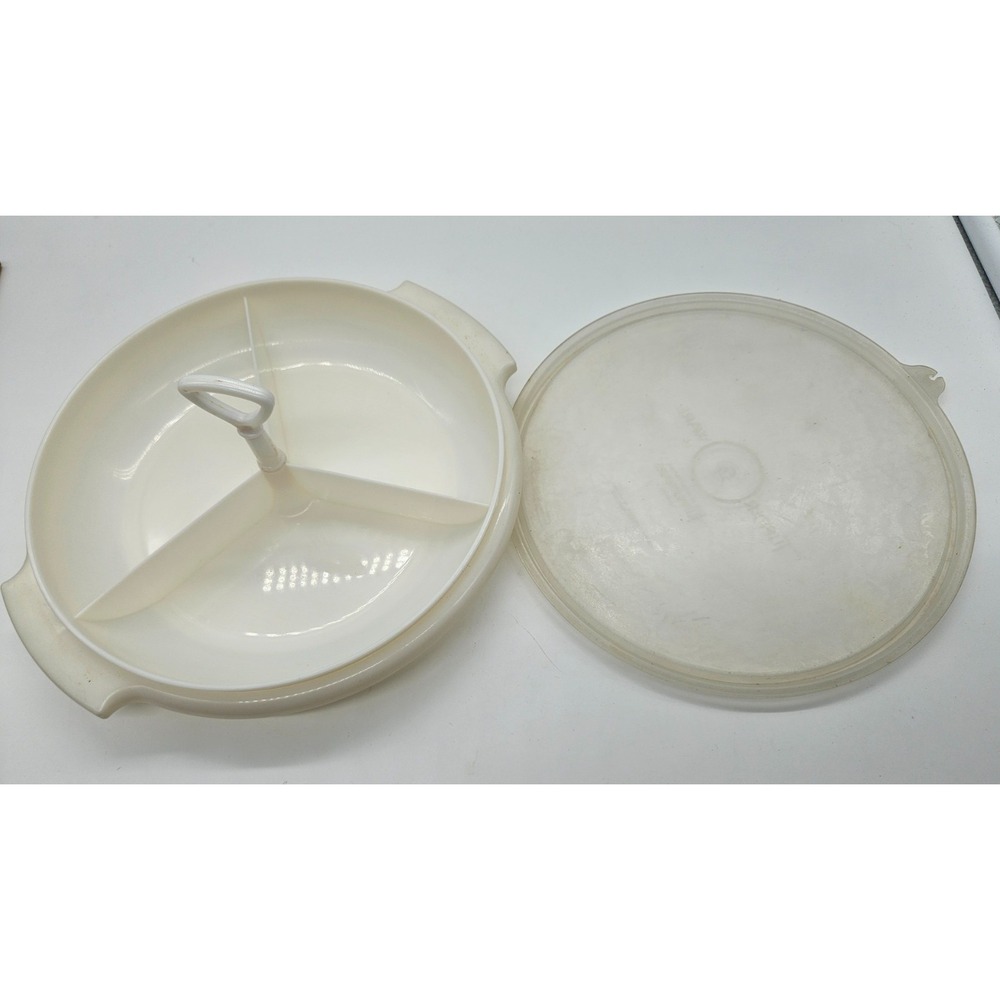 Vintage Tupperware 3 Compartment Serving Tray SUZETTE White Round Lid Handle